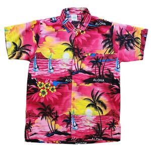 Happy Bay ALOHA Hawaiian shirt pink sunset sailboats men's size XS